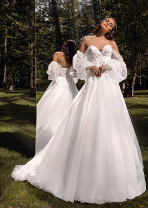 Off Shoulder Beaded Ivory Lace Tulle Shinning Wedding Dress